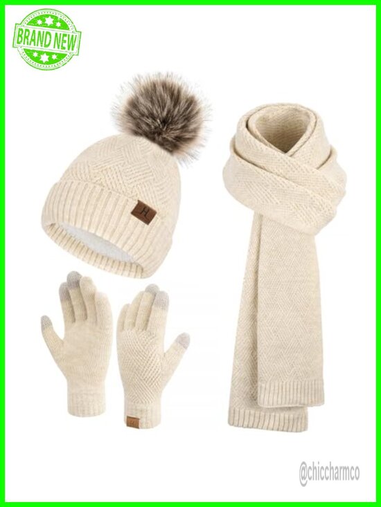 Winter Warm Knit Beanie Hat Scarf Touchscreen Gloves 3-Piece Set
